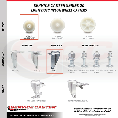 Service Caster 3 Inch SS Nylon Wheel Swivel Bolt Hole Caster Set SCC-SSBH20S314-NYS-4